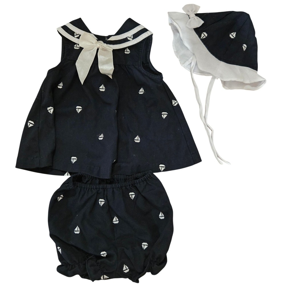 Samantha Says Baby Girls Navy Sailboat Sailor Outfit Set Hat Bloomers 3-6 Months